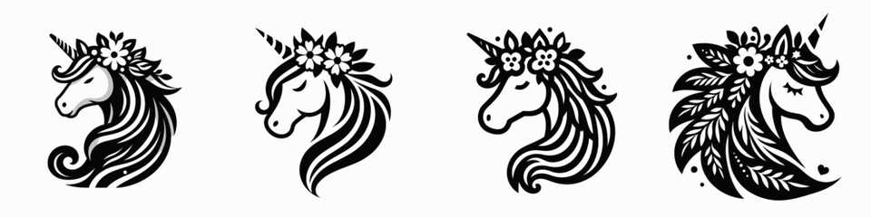 Unicorn head with flower crown. Silhouette logo animal mascot. Equine face adorned floral wreath mythical creature decoration for artwork.