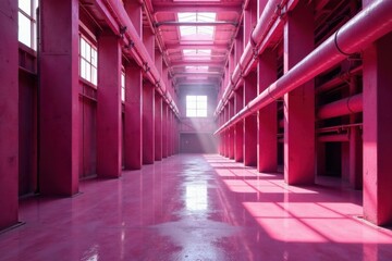 A Vibrant Pink Industrial Corridor with Gleaming Floors and Sunlight Streaming Through High Windows
