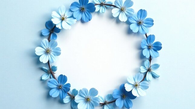 Serene pastel blue blossoms arranged in a circular frame, creating a delicate and peaceful floral design, perfect for invitations or springtime announcements