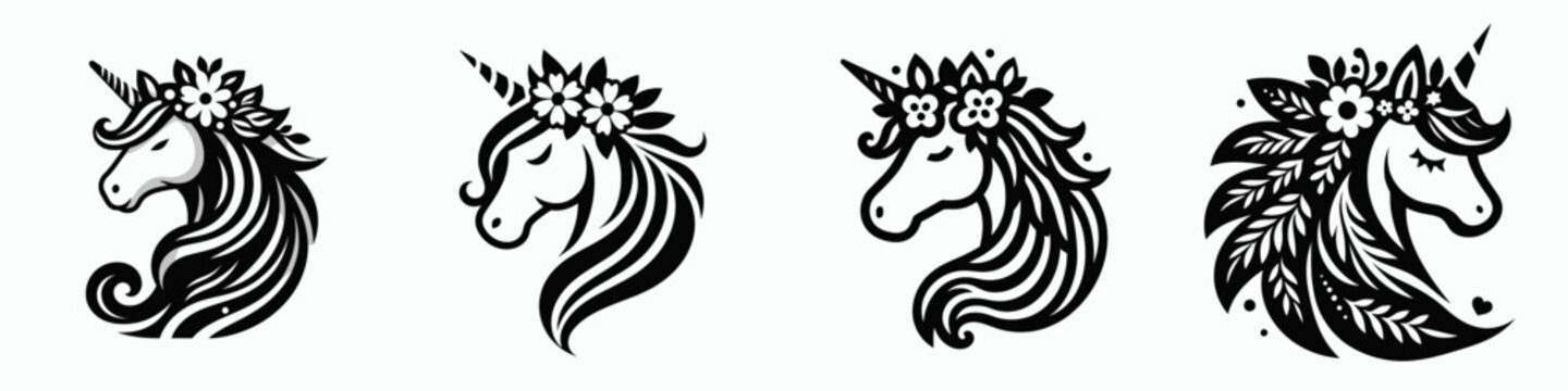 Unicorn head with flower crown. Silhouette logo animal mascot. Equine face adorned floral wreath mythical creature decoration for artwork.