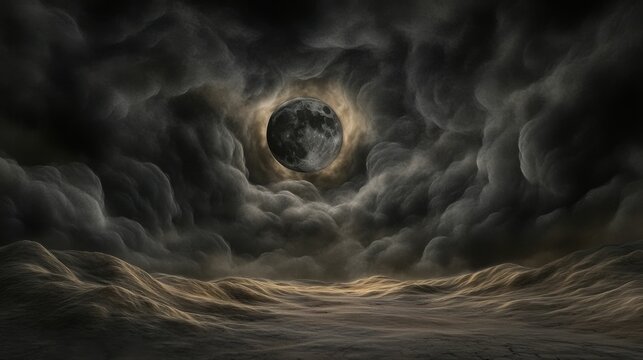 Dark clouds, full moon, desolate, rolling landscape.