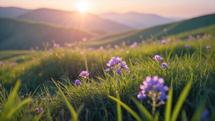 Fototapeta premium Purple Flowers Bloom in Grassy Field at Sunset with Rolling Hills