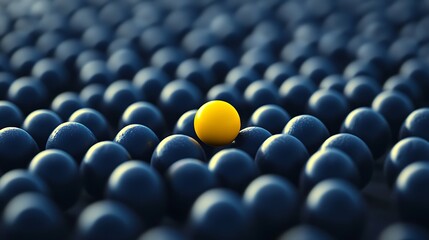 Obraz premium Yellow sphere amidst array of dark blue spheres, matte surface, uniqueness