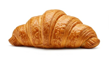 A large golden croissant on a pure white background, perfect shape, no blur, studio lighting, high contrast, focus on flaky texture.