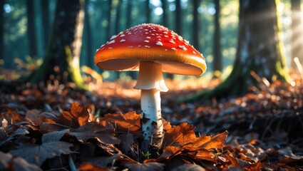 Mushroom Growing Among Fallen Leaves in Forest with Sunlight Streaming