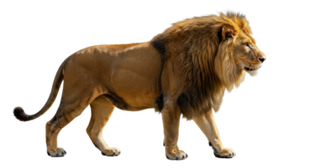 A lion with golden fur and a regal mane walks confidently against a dark backdrop