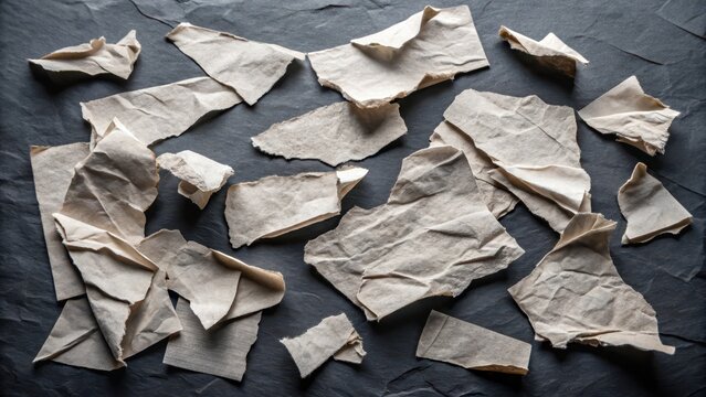Torn paper fragments scattered on a dark surface with crumpled edges and irregular shapes , shredded paper, disarrayed paper
