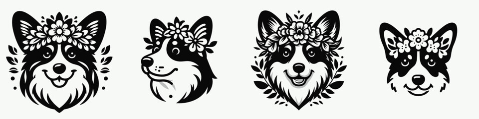 Fototapeta premium Corgi Dog head with flower crown. Silhouette logo animal mascot. Welsh pembroke canine face floral decoration a lovely corolla adornment.