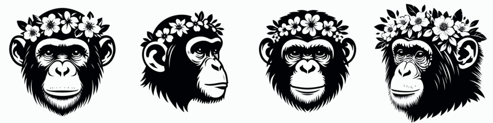 Fototapeta premium Chimpanzee head with flower crown. Silhouette logo animal mascot. Ape visage adorned botanical garland primate cranium floral diadem.