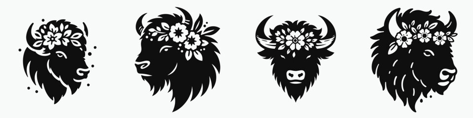 Obraz premium Bison head with flower crown. Silhouette logo animal mascot. Big bull cranium adorned bloom garland nature artwork decoration.
