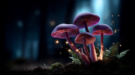 Glowing mushrooms in a magical forest bioluminescent fungi scene enchanted night landscape with firefly particles
