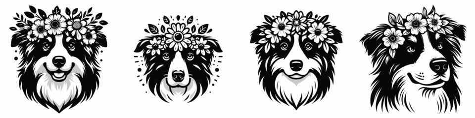 Fototapeta premium Australian Shepherd Dog head with flower crown. Silhouette logo animal mascot. Herding canine face adorned blossom garland floral decoration for sheepdog.