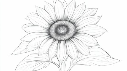 Fototapeta premium Linear sketch, detailed sunflower, delicate petals, stem, leaves.