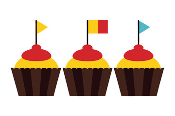 Colorful cupcakes with flags on top isolated on a white background