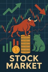 Bull and Bear Market Dynamics with Graphs and Coins Illustration