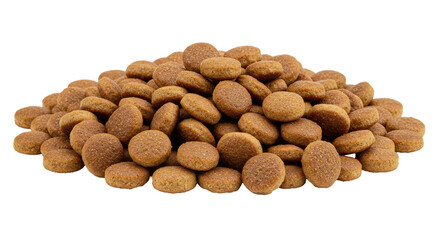 A mound of brown round kibble packed and layered