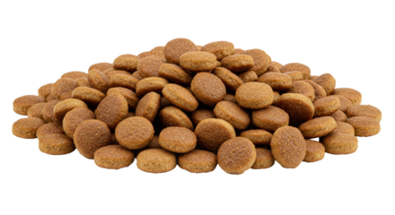A mound of brown round kibble packed and layered