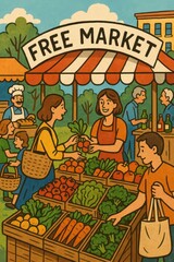 Obraz premium Colorful Free Market Scene with Vendors and Shoppers in Nature