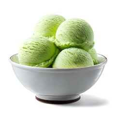 Close-up shot of a bowl filled with scoops of matcha green tea ice cream, isolated on a white background