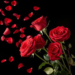 Floral Love Concept with Blooming Roses and Falling Petals, Red Rose Bouquet and Petal Fall Art.