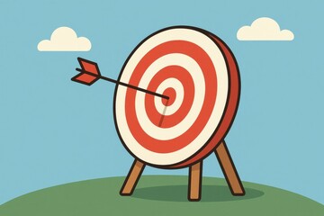 Target with Arrow Hitting Bullseye in Clear Blue Sky Background