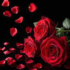 Floral Love Concept with Blooming Roses and Falling Petals, Red Rose Bouquet and Petal Fall Art.