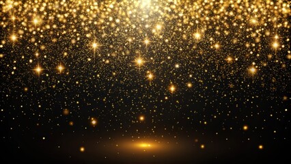 Fototapeta premium Falling golden sparkles on black background, darkness, luminosity, darkness, luminosity, gold dust, shimmer, glint, enchanting