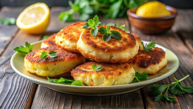 Crispy cottage cheese fritters on a plate with fresh herbs and lemon wedges, lemony