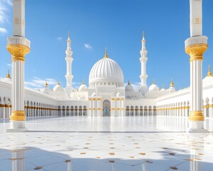 Fototapeta premium A majestic white mosque under a brilliant blue sky, featuring a large central dome, multiple minarets, and a spacious courtyard paved with intricately patterned marble