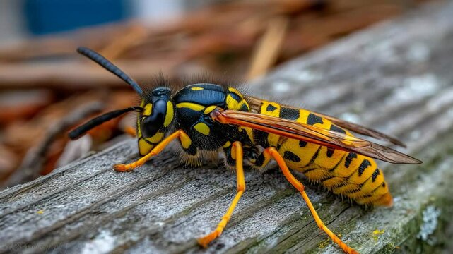 Close-up view of a yellowjacket wasp with black markings resting on weathered wood, showcasing its intricate details and vibrant coloration.