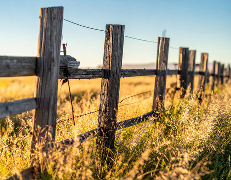 A rural Argentine estancia (ranch) with a fence made from weathered wood, surrounded by tall pampas grass in soft sunlight. - Powered by Adobe