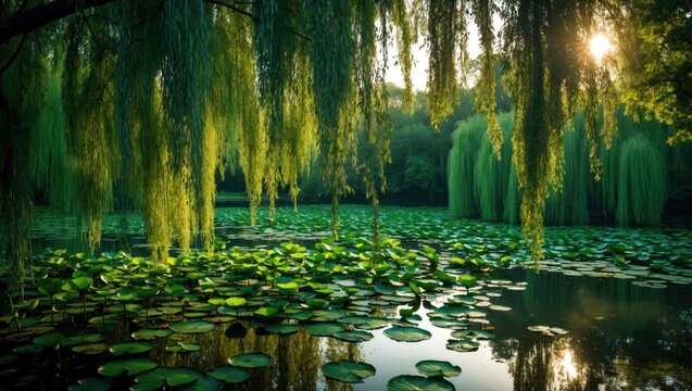 Lily Pads Floating on Pond Under Weeping Willow Trees at Sunset