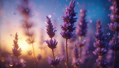 Obraz premium Lavender flowers glistening in the rain, illuminated by sunlight breaking through the clouds