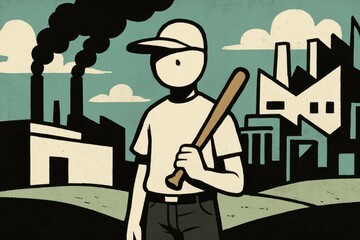 Offbeat Illustration of Figure Holding Bat Against Industrial Background