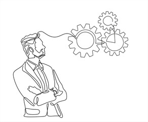 Man and gears , drawn in one line on a white background. One-line drawing. Continuous line. Vector. Editable stroke.