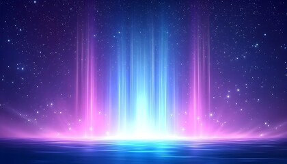 Ethereal light beams rise from a calm, reflective surface under a starlit sky, creating a vibrant, otherworldly scene