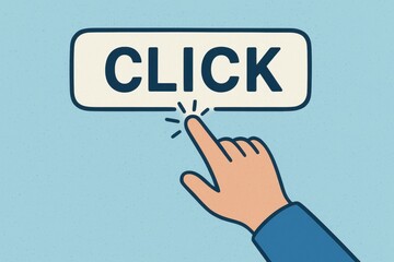 Hand Clicking a Button with Text 'Click' on Blue Background