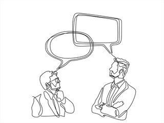 Continuous line drawing of two businessman with speech bubble is drawn by a single black line on a white background. Continuous line drawing. Vector illustration. Editable stroke.
