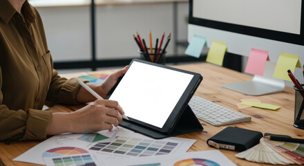 Female graphic designer using digital tablet at a wooden desk, surrounded by design materials. Female graphic designer working on a graphic design project at a home office.