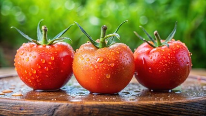 Freshly picked three tomatoes with water droplets on their surface