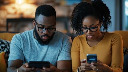 Fototapeta premium Close up view of man and woman using smartphones discussing mobile apps concept, couple talking holding cellphones synchronizing information online with laptop, checking news or texting messages