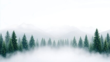Fototapeta premium Misty Pine Forest Mountainscape Serene Minimalist Style High-definition Soft Lighting Landscape Wide Shot Foggy Atmosphere Tranquil Nature Soft Cool Tones Ideal for Travel Brochures