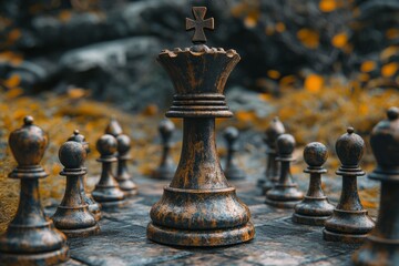 Fototapeta premium Chess queen dominating the board, showcasing strategy, leadership, and power amidst an autumn backdrop