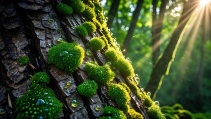 Moss Growing on Tree Bark with Water Droplets in Forest Sunlight