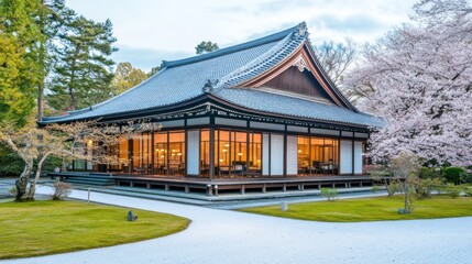 Japanese temple hall, illuminated, in a serene garden.
