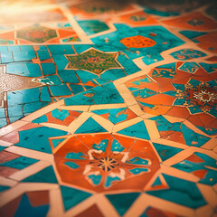Fototapeta premium Mosaic Tile Pattern: A captivating close-up of a mosaic tile pattern with intricate geometric designs, a vibrant display of craftsmanship and cultural heritage.