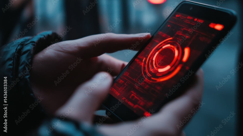 Poster system hacked warning alert. cyber security on mobile app. man using mobile phone with warning alert