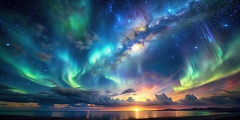 ethereal glow of stars in a vast dark sky with swirling clouds and aurora lights, starry night, glowing celestial sky