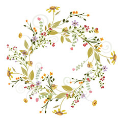 Hand-drawn floral wreath with wildflowers and berries in a botanical style. Circular frame for cards, invitations and seasonal decor