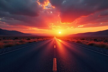 Endless Asphalt Road Beckoning Towards a Fiery Sunset,  A Scenic Drive Into the Heart of an Open Landscape